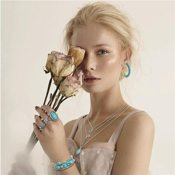 7PCS Boho South Western Turquoise Jewelry Set Turquoise Necklace Earrings Ring - Picture 5 of 5
